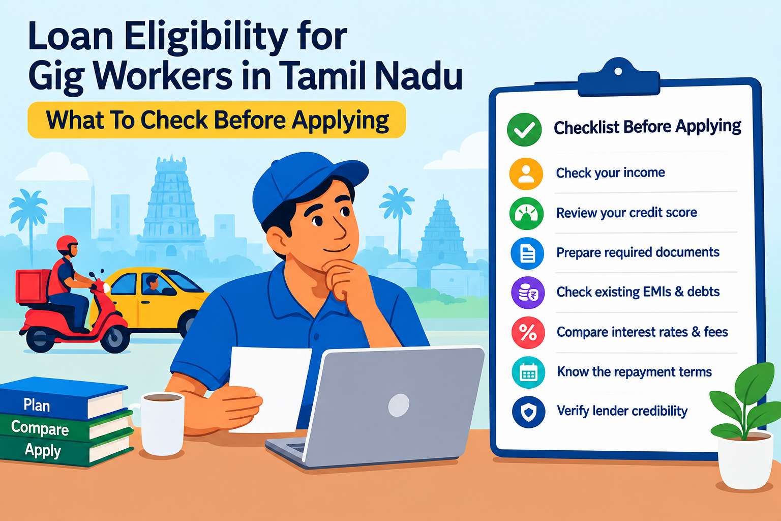 Loan eligibility for gig workers in Tamil Nadu showing a checklist of income, credit score, documents, existing EMIs, interest rates, repayment terms, and lender verification before applying for a loan.